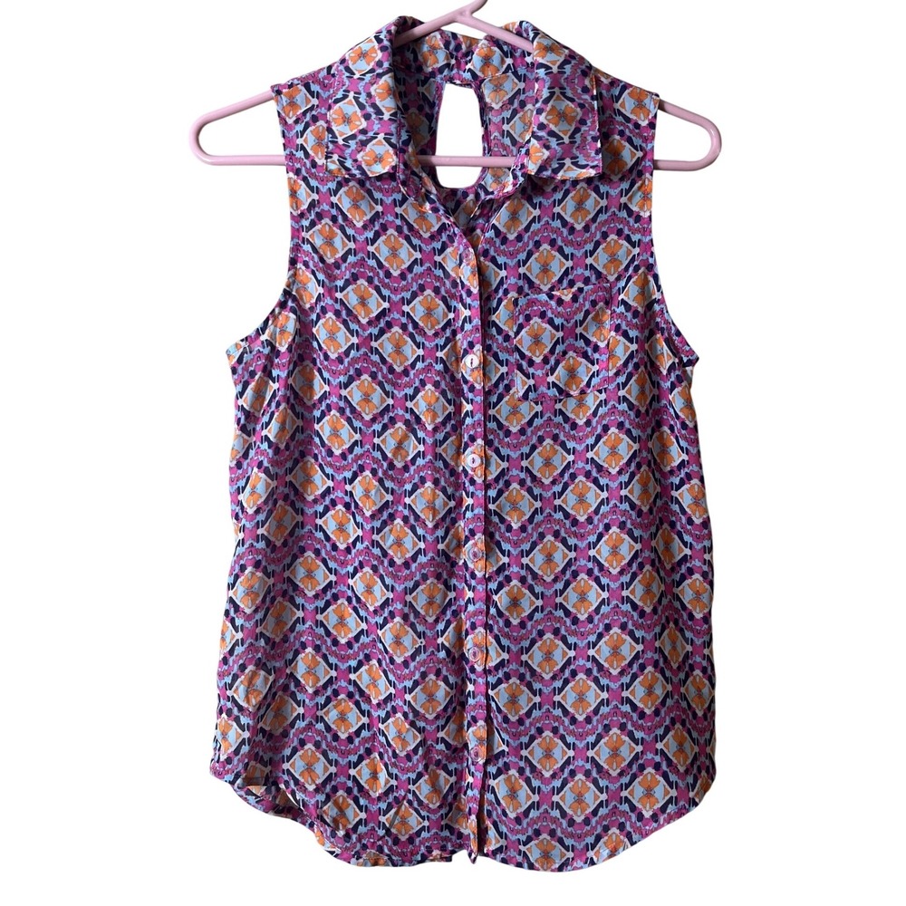 No Boundaries Pink Blue Diamond‎ Print Sleeveless Top Small Open Back Keyhole